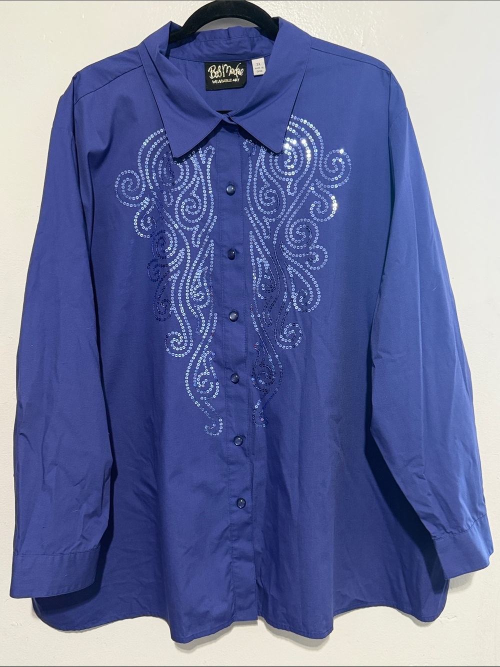 Bob Mackie Wearable Art 3X Blue Sequin Scroll Button Front Blouse Plus Size